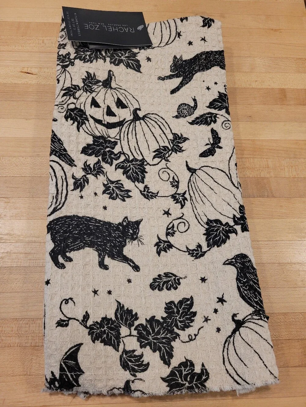 Rachel Zoe Cream and Black Halloween Pumpkin & Cat Kitchen Towel Set